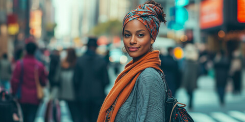 Headshot of the beautiful women on busy street with bokeh of full of people in background.