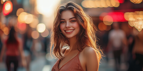 Headshot of the beautiful women on busy street with bokeh of full of people in background.