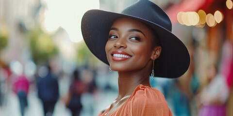 Headshot of the beautiful women on busy street with bokeh of full of people in background.
