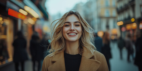 Headshot of the beautiful women on busy street with bokeh of full of people in background.
