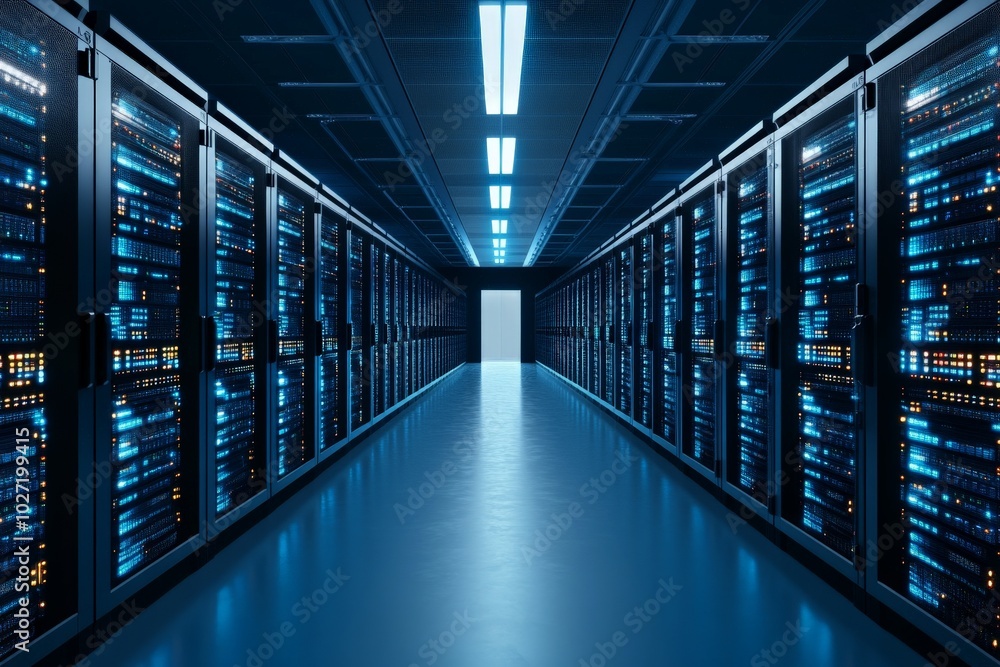 Poster a futuristic data center featuring rows of glowing server racks receding into the distance under bri