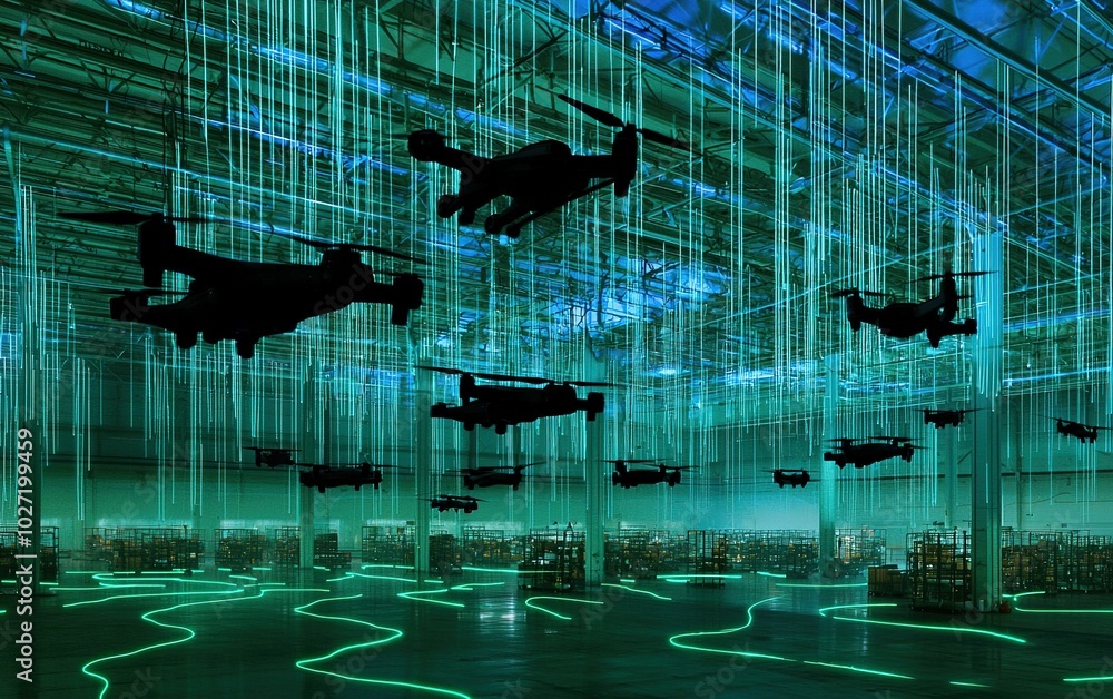 Poster drones hover in a high-tech warehouse illuminated by green lighting during an advanced technology de