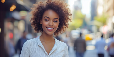 Headshot of the beautiful women on busy street with bokeh of full of people in background.