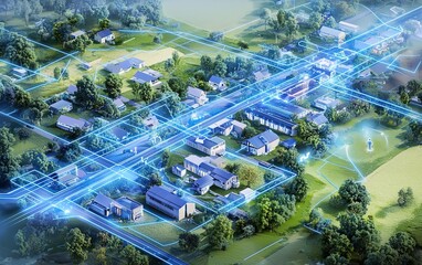 Aerial view of a small town with digital network lines showcasing connectivity and innovation in rural areas