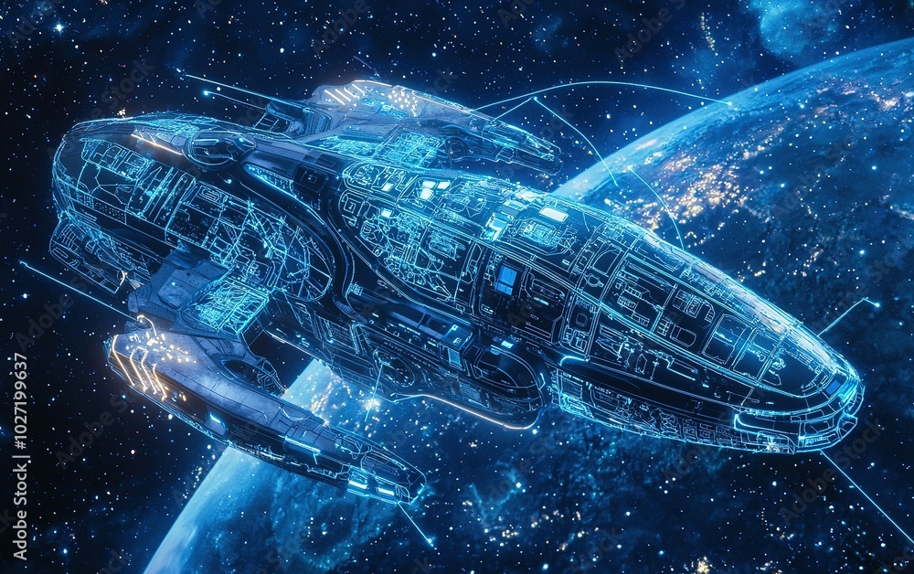 Poster futuristic spaceship exploring the depths of space near a glowing planet with vibrant starry backgro