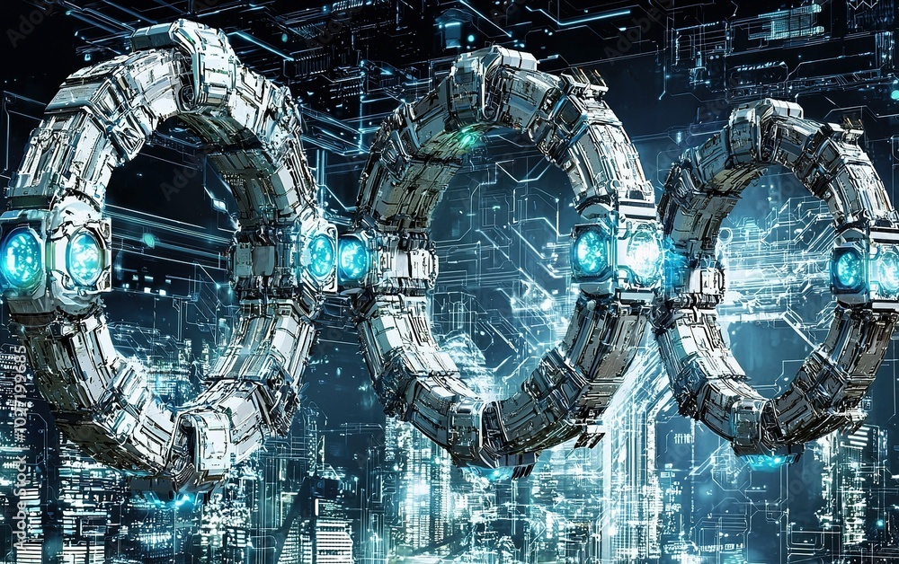 Poster futuristic circular structures glow in a high-tech cityscape with digital interfaces and vibrant blu