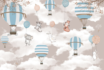 Children's wallpaper on the wall. Baby Animals with balloons. Interior wallpaper. Wallpaper design. Print format