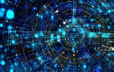 Fototapeta premium Vibrant blue and gold circular patterns with intricate lines in an abstract digital art piece, symbolizing technology and data
