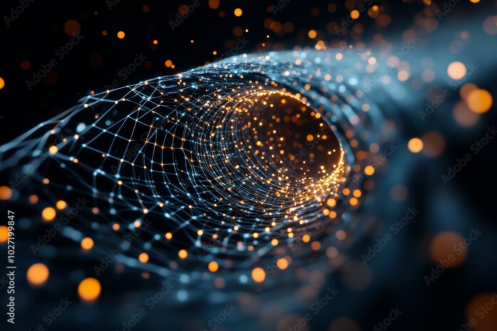 Poster a dynamic visualization with interconnected blue nodes and glowing particles creating a tunnel effec