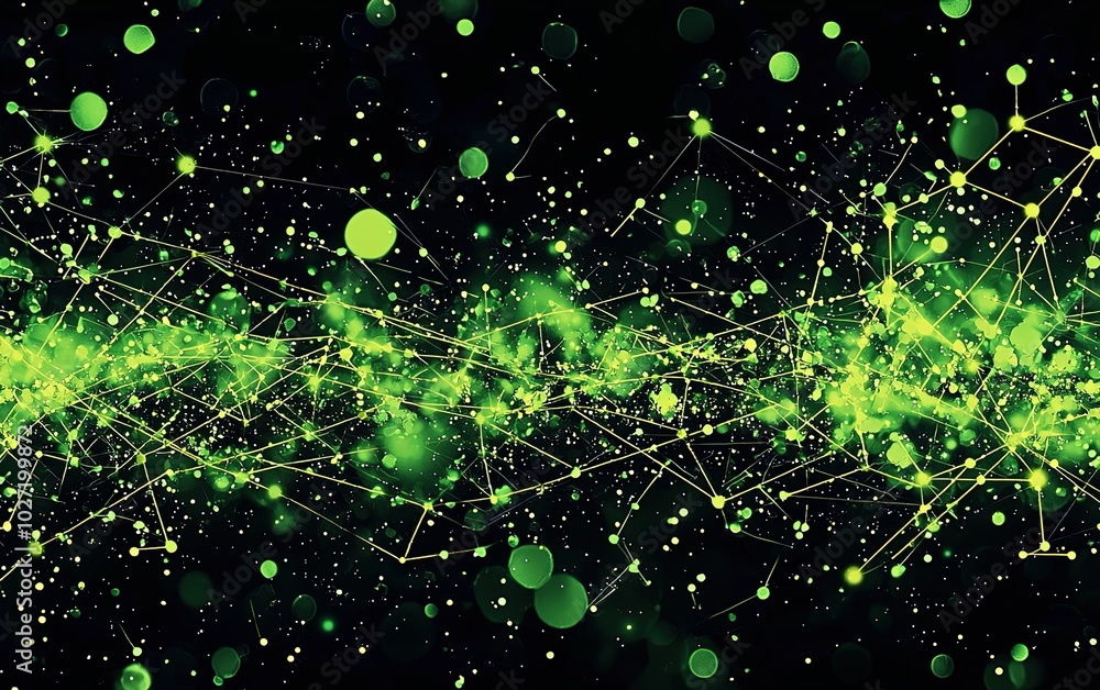 Poster abstract green digital network with glowing particles and interconnected lines on a dark background