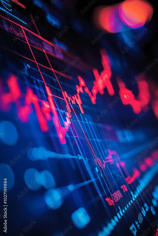 Wall mural Abstract red and blue lines of a financial chart on a dark background.