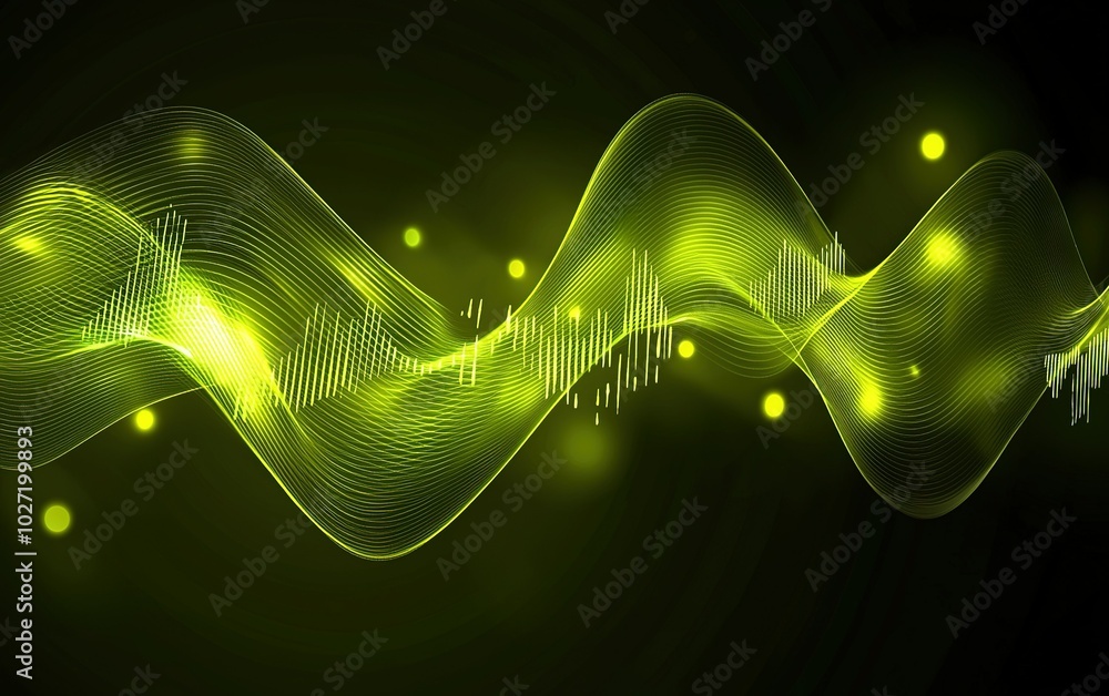 Poster abstract green wave patterns with glowing particles create a vibrant digital sound landscape in a da