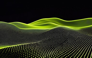 Digital wave patterns with vibrant green hues creating an abstract landscape against a dark background at nighttime
