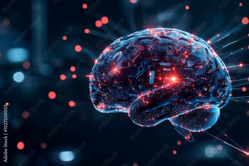 Poster a futuristic digital brain floats amidst a dark cybernetic backdrop, neural connections sparking wit