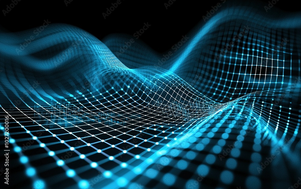 Poster digital blue wave pattern with glowing grid lines illustrating technology and data visualization con