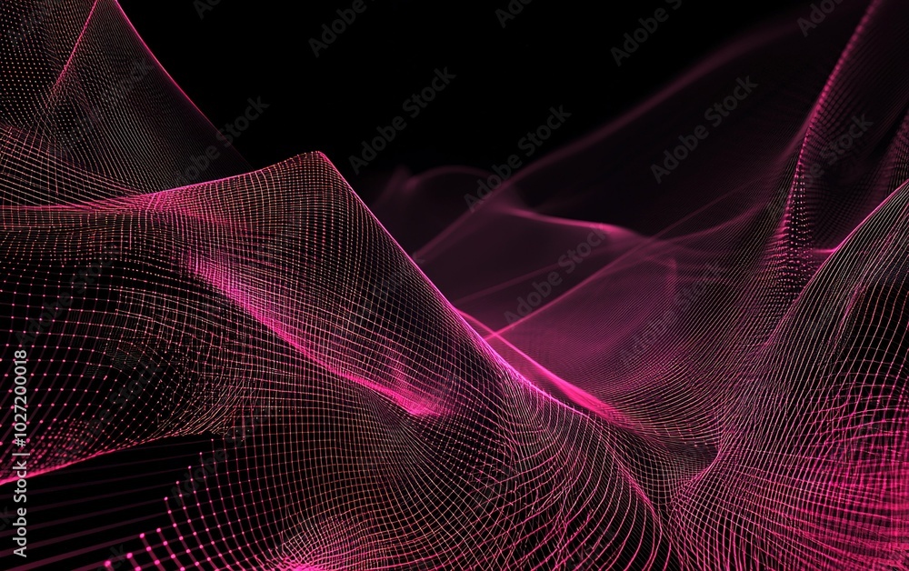 Poster abstract digital landscape with flowing pink waves and grid patterns against a black background