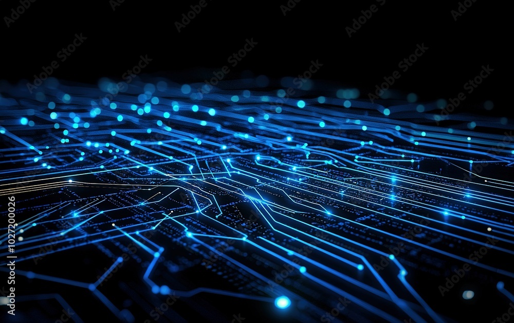 Aufkleber a digital network of glowing blue lines and circuits illuminated against a dark background showcasin