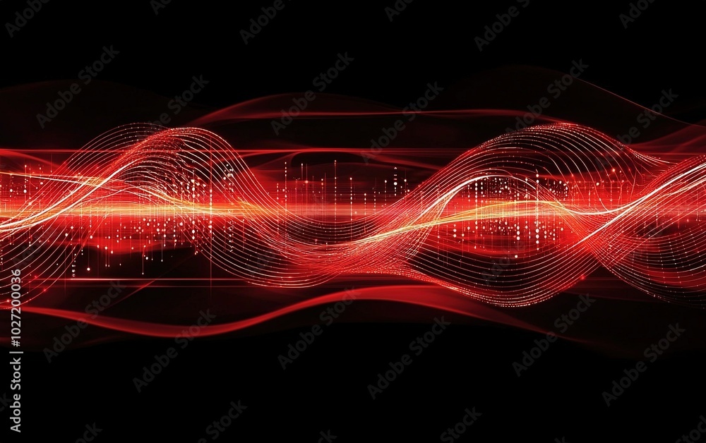 Poster abstract red sound waves visualizing electronic music in a dark background