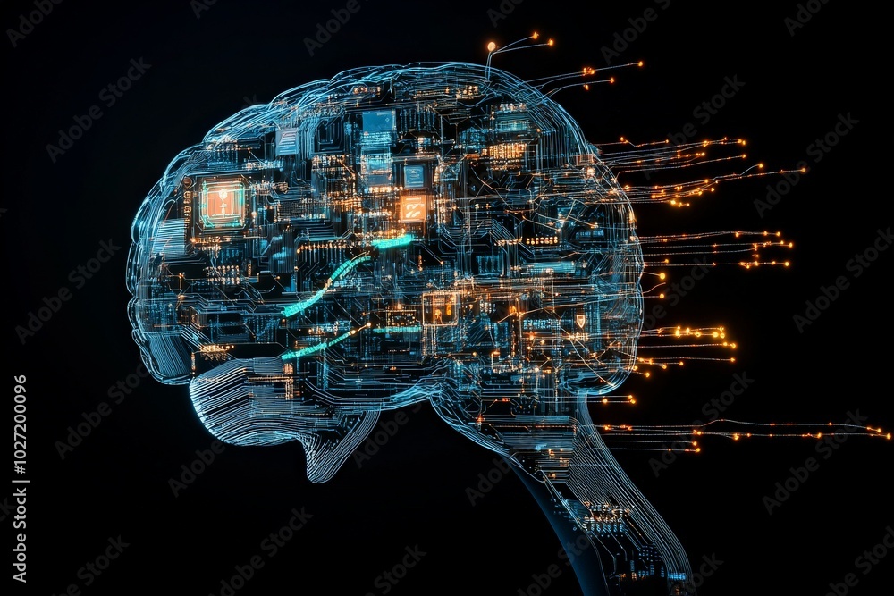 Poster a digital brain illustration showing interconnected pathways and circuits, symbolizing technology an