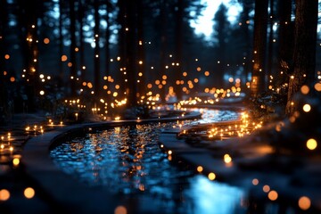 A magical night scene features a serene creek surrounded by glowing fireflies, evoking a sense of wonder and tranquility in a beautiful landscape setting.