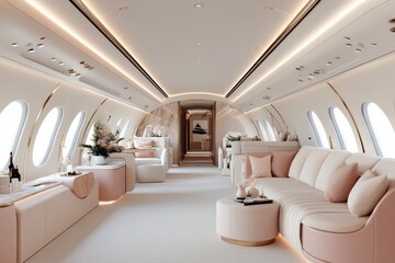 Fototapeta premium An opulent and stylish private jet interior showcasing elegance and luxury, designed with sophisticated materials and a modern aesthetic for comfort.