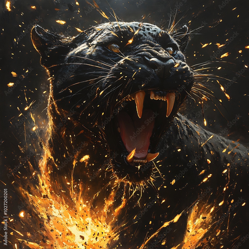 Poster capturing dynamic movement black panther bursts forth from molten rock its mouth open in a fierce ro