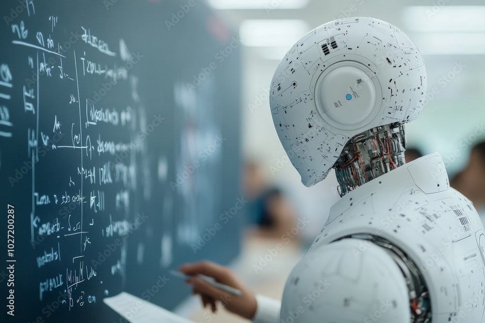 Poster a humanoid robot studying complex equations on a blackboard, immersed in learning, representing ai, 