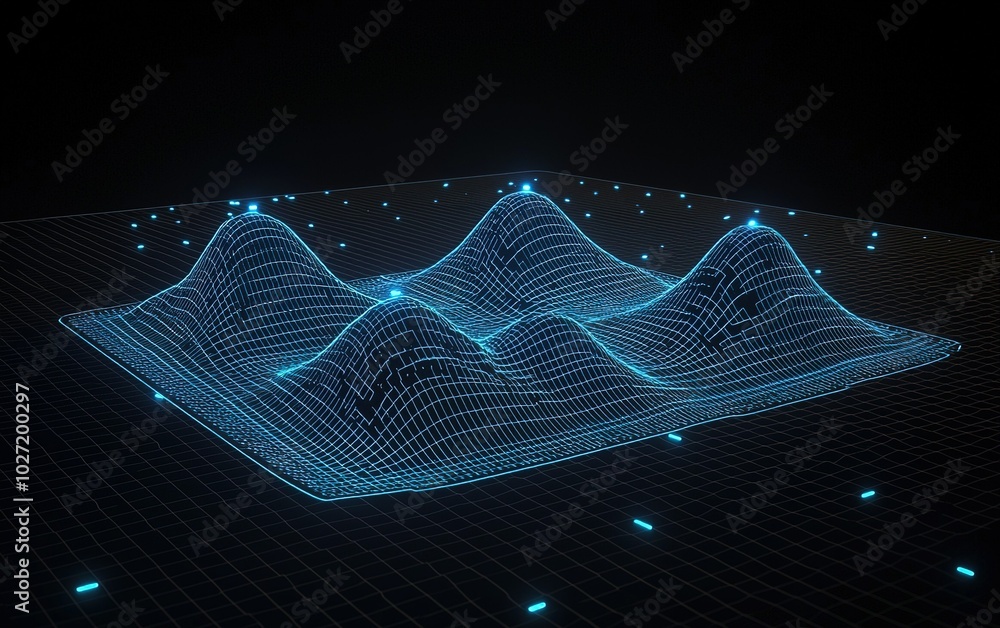 Poster three-dimensional grid representation of a wave-like surface with glowing nodes shown against a dark