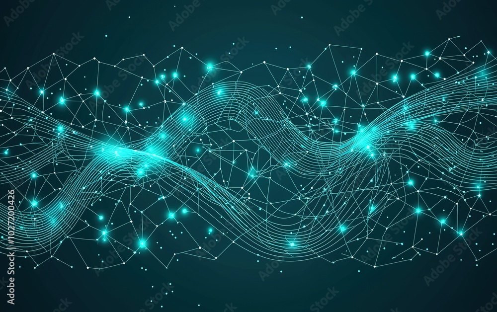 Poster abstract representation of interconnected nodes and lines creating a wave pattern in a dark backgrou