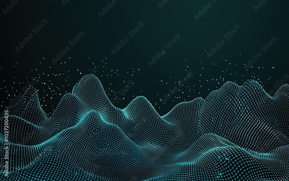 Poster abstract digital landscape with glowing grid patterns and floating particles in dark space