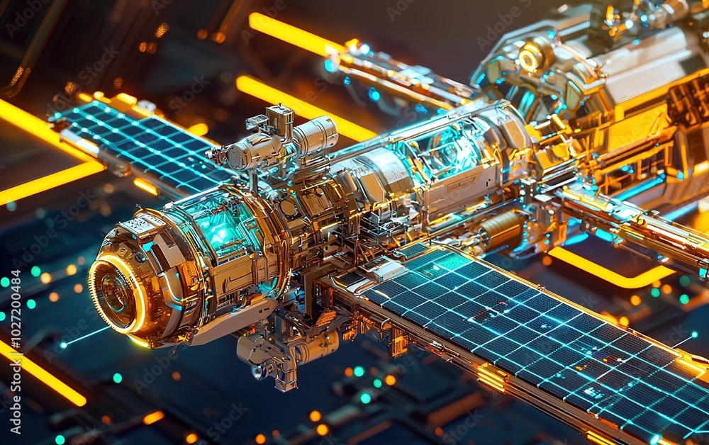 Poster a futuristic spacecraft with glowing panels and solar arrays orbiting in a digital landscape