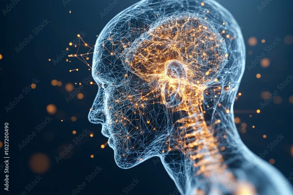 Poster a detailed digital wireframe representation of a human head, showing dynamic neural paths and connec