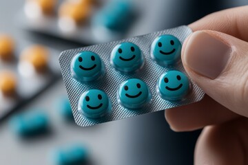 A close-up of a blister pack containing blue pills with smiling faces, symbolizing happiness, healthcare, and the conceptual blend of positive emotion and medication.
