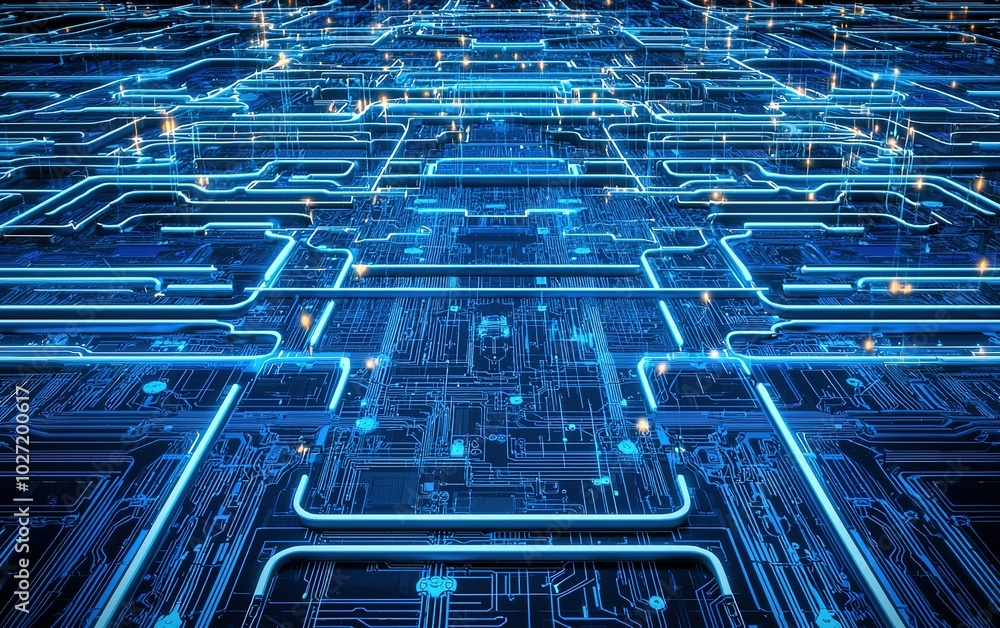 Poster futuristic digital circuitry illuminated with bright blue lights showcasing intricate patterns and c