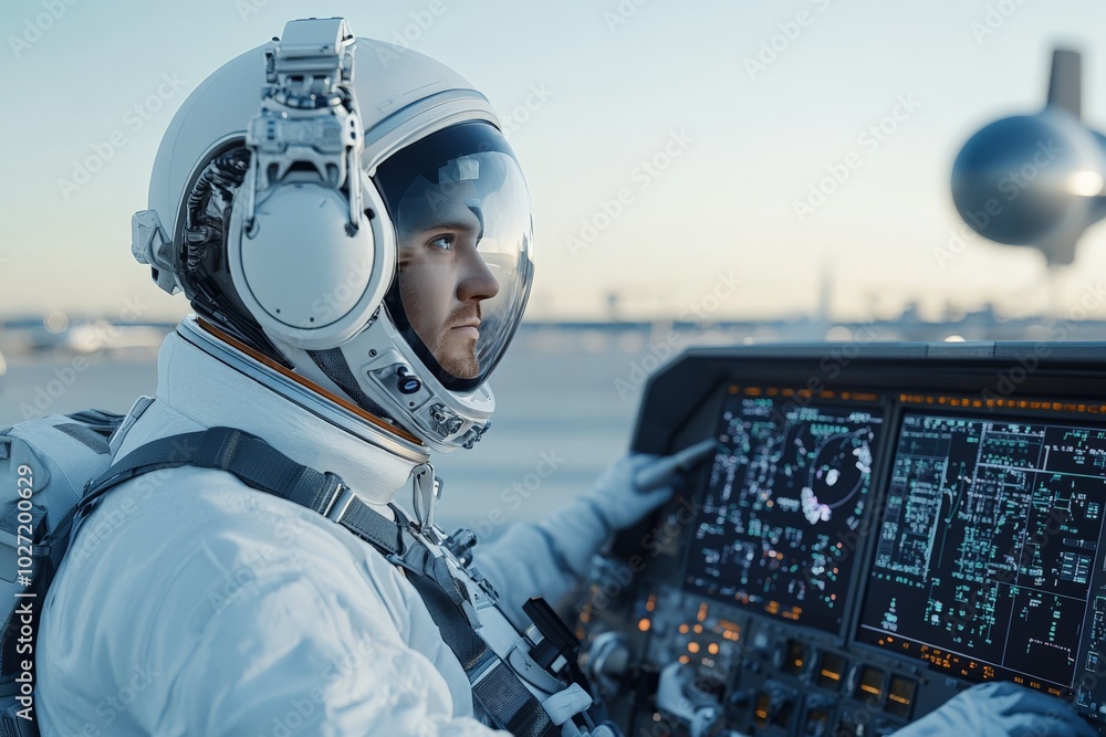 Poster a focused astronaut in a high-tech space suit operates the intricate controls of a spacecraft, surro