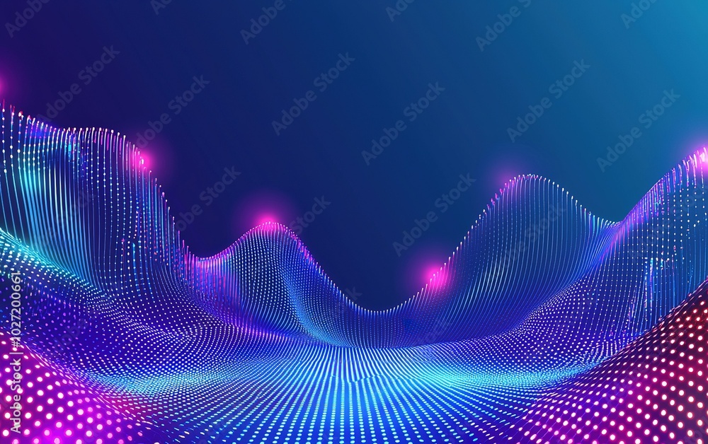 Poster abstract digital wave patterns illuminated by colorful lights in a dark background, creating a vibra