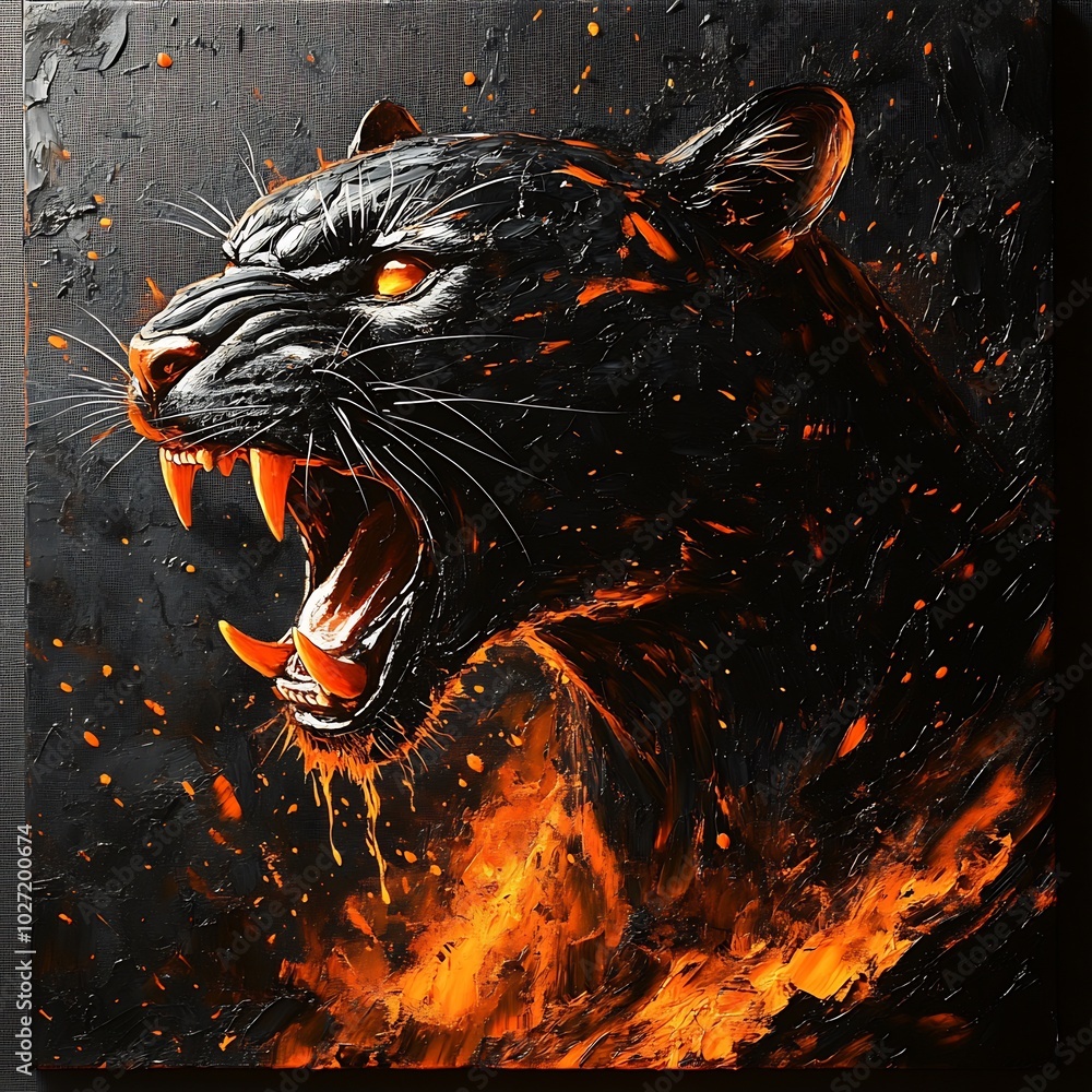 Poster capturing dynamic movement black panther bursts forth from molten rock its mouth open in a fierce ro