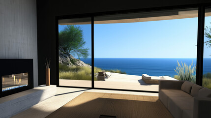 Modern beige living room by sea. Minimalist design. Large window. For stock photo or decor mag.