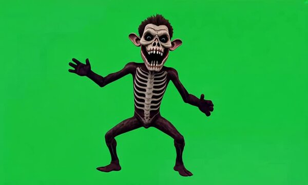 A cartoon skeleton monkey with a mischievous grin dances on a green screen.