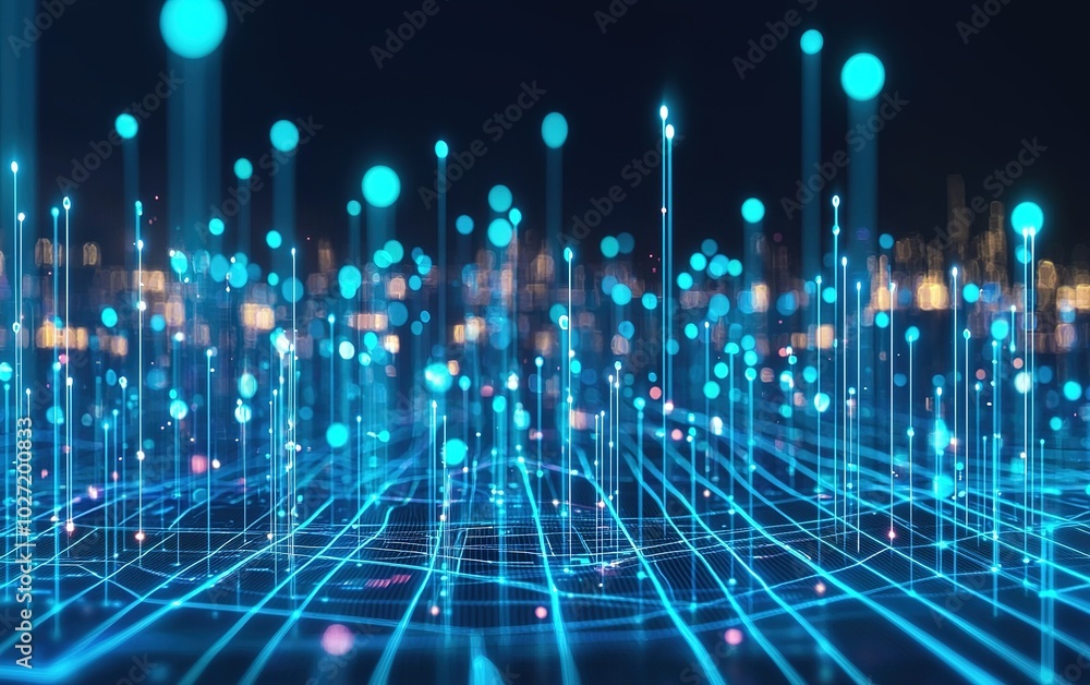 Poster bright blue digital landscape with glowing nodes and lines representing data flow in a futuristic se