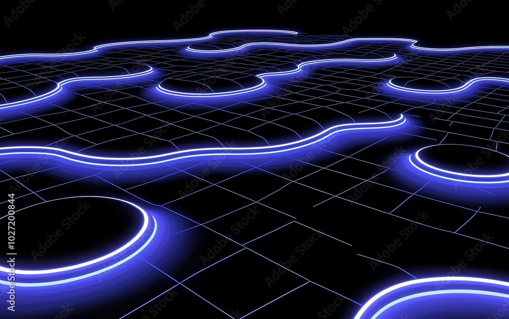 Poster a glowing digital landscape with interconnected shapes and grids illuminated in blue against a dark 