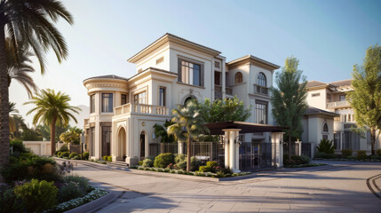 Fototapeta premium Elegant luxury mansion with palm trees in a sunny residential area