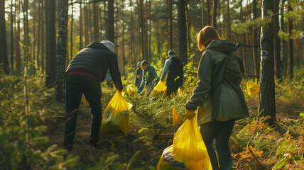 A group of activists collecting litter from the forest at sunrise