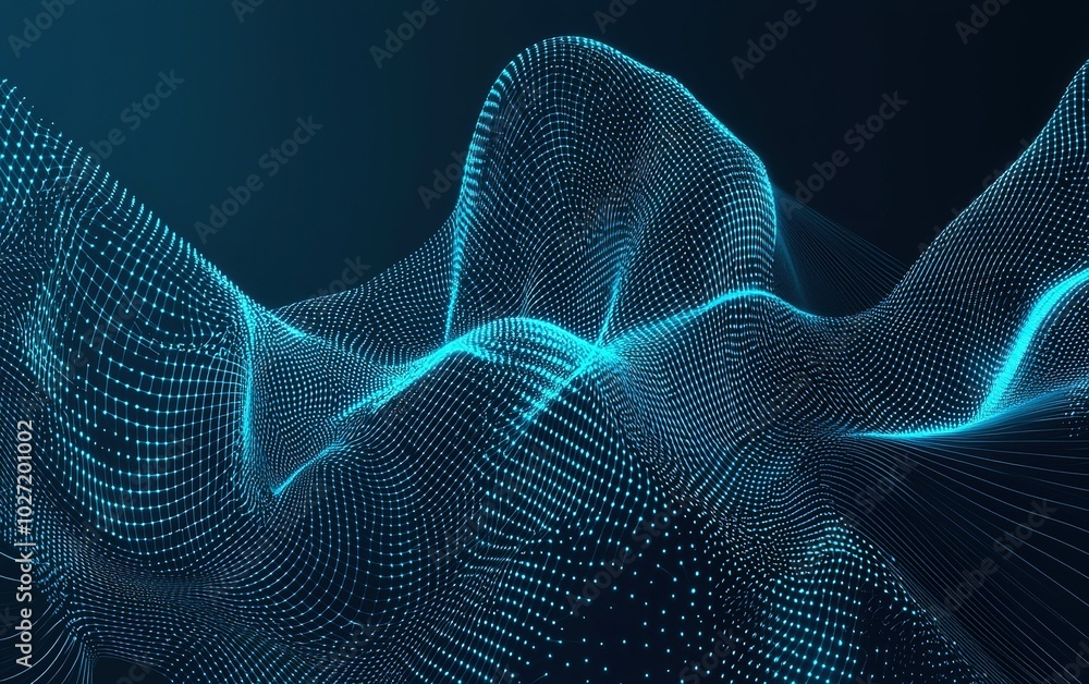 Poster intricate blue wave patterns of light enveloping a digital landscape during a futuristic virtual exp