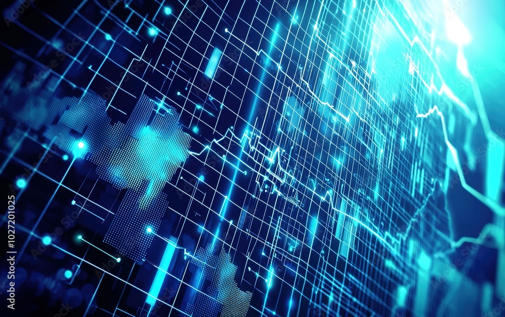 Poster abstract digital background depicting data visualization with glowing lines and grids representing t