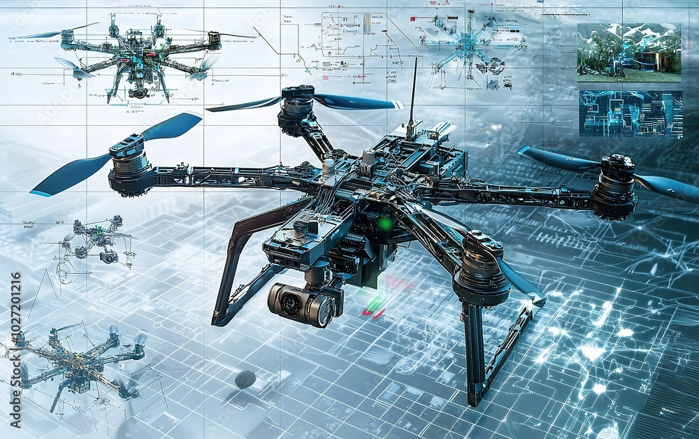 Poster advanced drone technology showcased with detailed schematics and various design iterations in a high