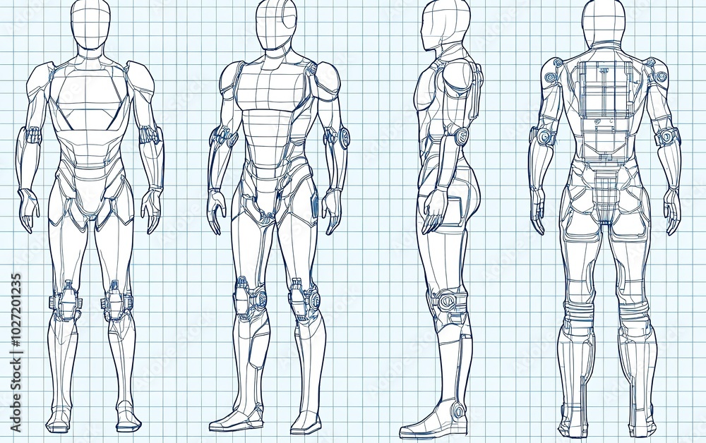 Poster detailed technical drawings of a humanoid robot from multiple angles with clear annotations on a gri