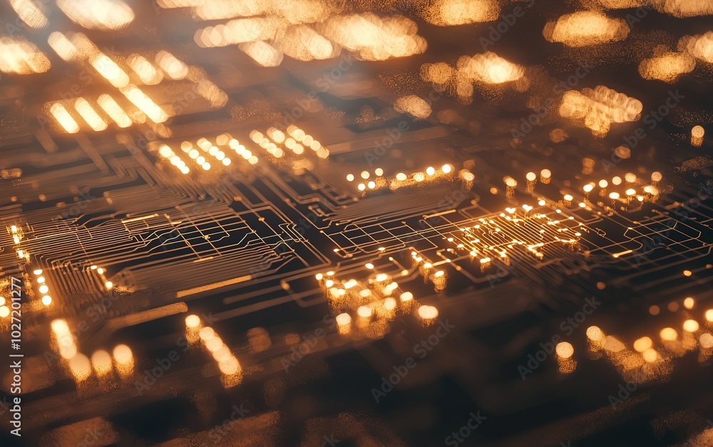 Poster close-up view of glowing circuitry on a circuit board highlighting technology and innovation in an e