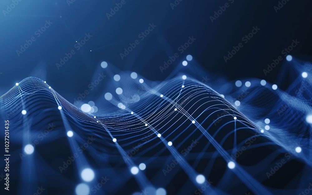 Poster abstract blue waves with illuminated points representing digital connections and data flow in a mode