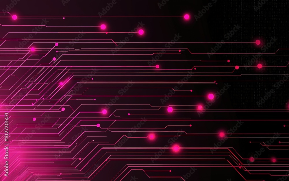 Poster digital circuit pattern with glowing pink nodes on a dark background representing modern technology 
